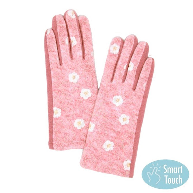 Pink Embroidery Flower Pattern Floral Stitched Warm Smart Touch Tech Gloves, gives your look so much eye-catching texture w cool design, a cozy feel, fashionable, attractive, cute looking in winter season, these warm accessories allow you to use your phones. Perfect Birthday Gift, Valentine's Day Gift, Anniversary Gift, Just Because Gift