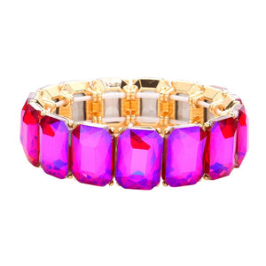 Pink Emerald Cut Stone Stretch Evening Bracelet, These gorgeous Emerald Cut Stone pieces will show your class on any special occasion. Eye-catching sparkle, the sophisticated look you have been craving for! These bracelets are perfect for any event whether formal or casual or for going to a party or special occasion.