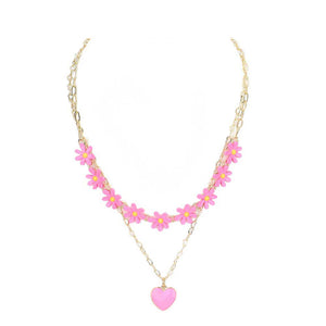 Pink Enamel Heart Pendant Flower Link Double Layered Necklace, Get ready with these beautiful statement Pendant necklace Double Layered will bring a lovely put on a pop of color to your look. Bright Enamel Heart and floral design will coordinate with any ensemble from business casual to everyday wear. The beautiful combination of Flower and Heart themed necklace are the perfect gift for the women in our lives who love flower.