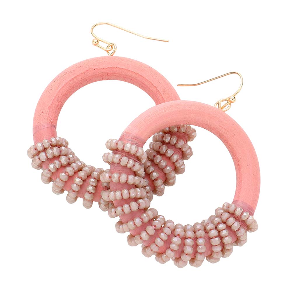Pink Faceted Bead Wrapped Open Wood Circle Dangle Earrings, Put on a pop of color to complete your ensemble in perfect style with these gorgeous bead-wrapped wood circle earrings. The beautifully crafted design adds a gorgeous glow to any outfit with these wrapped wood circle earrings. Perfect for adding just the right amount of shimmer & shine on any occasion.
