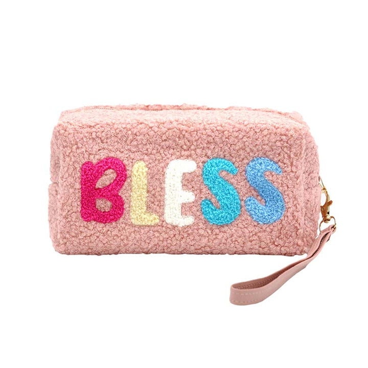 Pink Faux Fur Bless Pouch With Wristlet, this beautiful and Bless message-containing wristlet goes with any outfit and shows your trendy choice to make you stand out. perfect for carrying makeup, money, credit cards, keys or coins, etc. Comes with a wristlet for easy carrying. It's perfectly lightweight and simple. Put it in your bag and find it quickly with its eye-catchy colors. Great for running small errands while keeping your hands free.
