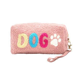 Pink Faux Fur Dog Pouch With Wristlet, this cute and message-containing wristlet goes with any outfit and shows your trendy choice to make you stand out. perfect for carrying makeup, money, credit cards, keys or coins, etc. Comes with a wristlet for easy carrying. It's perfectly lightweight and simple. Put it in your bag and find it quickly with its eye-catchy colors. Great for running small errands while keeping your hands free.