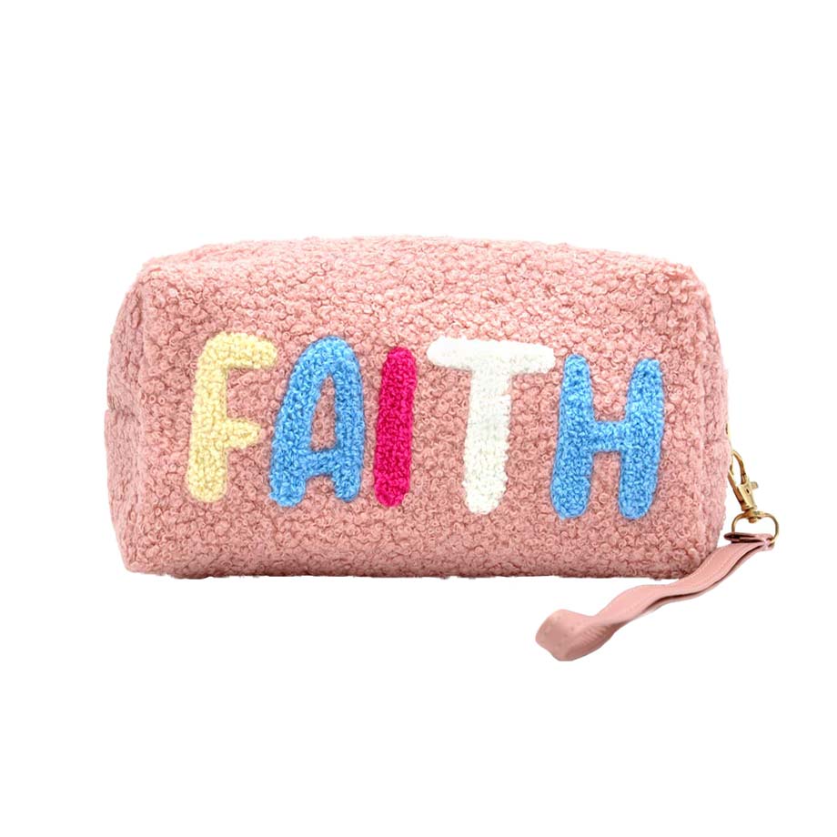 Pink Faux Fur Faith Message Pouch With Wristlet, this awesome and FAITH message-containing wristlet goes with any outfit and shows your trendy choice to make you stand out. perfect for carrying makeup, money, credit cards, keys or coins, etc. Comes with a wristlet for easy carrying. It's perfectly lightweight and simple. Put it in your bag and find it quickly with its eye-catchy colors. Great for running small errands while keeping your hands free.