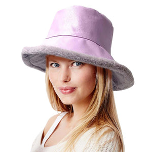 Pink Faux Fur Inside Brim Solid Bucket Hat, This solid Faux Fur bucket hat is nicely designed and a great addition to your attire. Have fun and look stylish anywhere outdoors. Great for covering up when you are having a bad hair day. Perfect for protecting you from the wind, snow & cold at the beach, pool, camping, or any outdoor activities in cold weather. This classic style is lightweight and practical and perfect for all occasions
