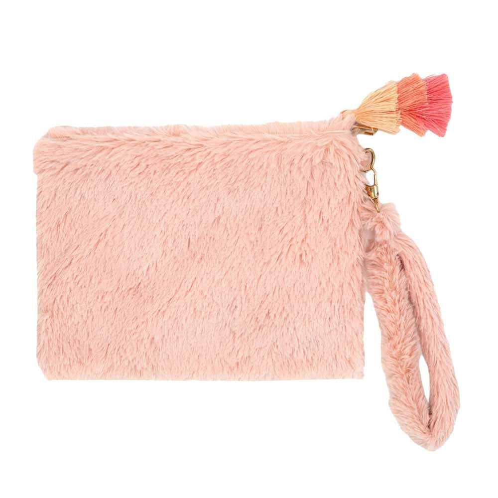 Pink Faux Fur Tassel Pouch With Wristlet, shows your trendy look with this awesome tassel pouch design wristlet bag. Whether you are out shopping, going to the pool or beach, or anywhere else. These tassel themed pouch bag is the perfect accessory for holding your handy items comfortably. Spacious enough for carrying any and all of your belongings and essentials. Perfect Birthday Gift, Anniversary Gift, Just Because Gift, Mother's Day Gift.