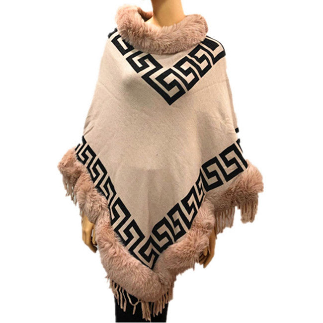 Faux Fur Trim Pink Knit Greek Key Poncho Ruana, Pink Meander Pattern with Faux Fur Trim Poncho Ruana, warm soft and elegant, great for any occasion, will become your favorite accessory