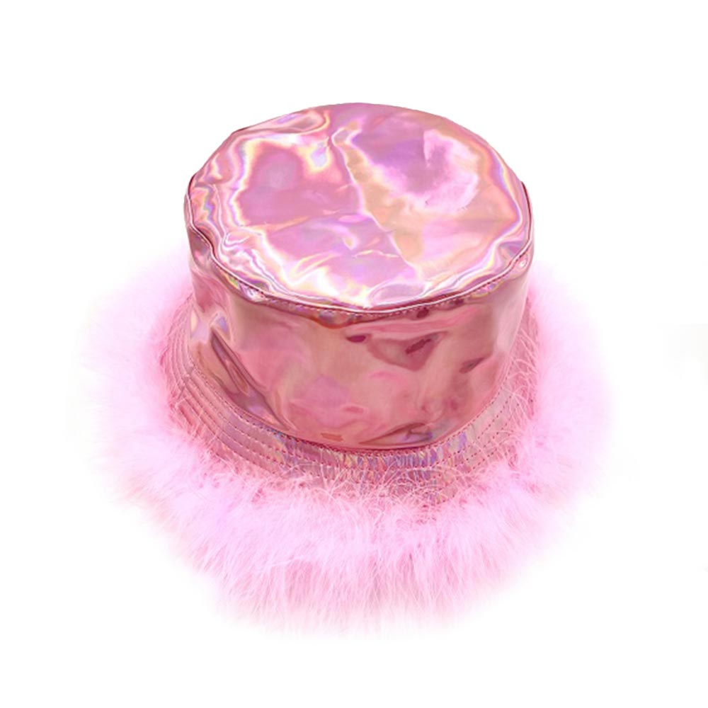 Pink Faux Fur Trimmed Hologram Bucket Hat, From daily life to holidays, this super stylish bucket hat's cozy fabric will keep you looking great and feeling warm. It's elegant, comfortable, and fashionable. This trimmed bucket hat is to be a great Christmas gift for women, ladies, and girls. A wide range of colors lets you choose your favorite one or you can pick several colors to go with your clothes! Suitable for winter, spring, and autumn.