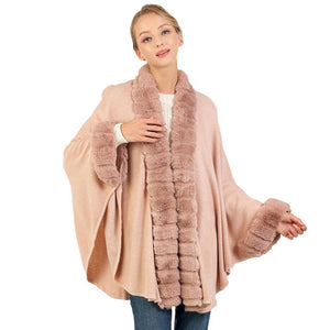 Pink Faux Fur Trimmed Solid Long Shawl Poncho Cape, ensure your upper body stays perfectly warm when the temperatures drop, timelessly beautiful, gently nestles around the collar and feels exceptionally comfortable to wear. This fur themed faux fur poncho cape is a perfect accessory, luxurious, trendy, super soft chic capelet, keeps you warm and toasty. Perfect winter gift for your loved ones.