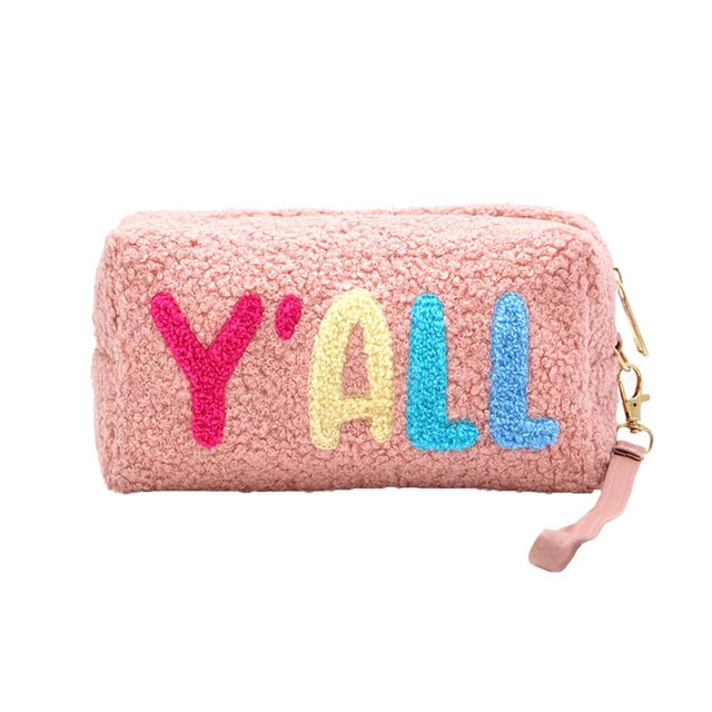 Pink Faux Fur Yall Pouch With Wristlet, this cute and message-containing wristlet goes with any outfit and shows your trendy choice to make you stand out. perfect for carrying makeup, money, credit cards, keys or coins, etc. Comes with a wristlet for easy carrying. It's perfectly lightweight and simple. Put it in your bag and find it quickly with its eye-catchy colors. Great for running small errands while keeping your hands