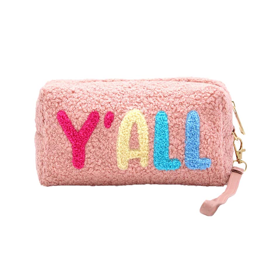 Pink Faux Fur Yall Pouch With Wristlet, this cute and message-containing wristlet goes with any outfit and shows your trendy choice to make you stand out. perfect for carrying makeup, money, credit cards, keys or coins, etc. Comes with a wristlet for easy carrying. It's perfectly lightweight and simple. Put it in your bag and find it quickly with its eye-catchy colors. Great for running small errands while keeping your hands 