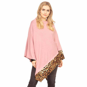 Pink Adel Leopard Trim Solid Poncho Leopard Trim Poncho Leopard Trim Ruana Shawl Cape  cozy, warm pullover ladies animal print trim poncho makes the perfect fashion statement this winter, Slip this on to add instant gorgeousness to your look! Stay warm, cozy & stylish in this beautiful piece.