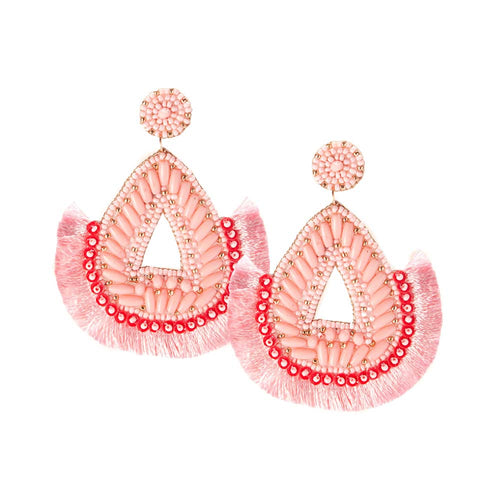 Felt Back Beaded Teardrop Thread Fringe Dangle Earrings - Pink