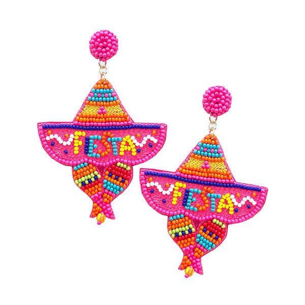 Pink Felt Back Fiestas Beaded Hat Message Dangle Earrings. Look like the ultimate fashionista with these Earrings! Hat message dangle earring add extra special to your outfit this!  Enhance your attire with this vibrant handcrafted beautiful earrings to dress up or down your look. Perfect gift idea for Birthday, Anniversary, Prom Jewelry, Thank you Gift or any special occasion.