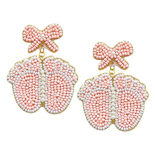 Felt Back Pearl Beaded Bow Baby Foot Dangle Earrings - Pink