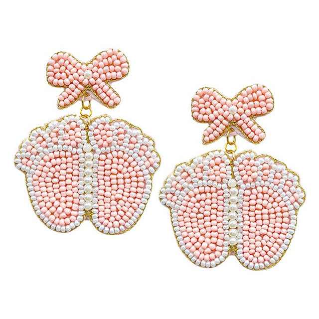 Pink Felt Back Pearl Beaded Bow Baby Foot Dangle Earrings, these fun-crafted baby foot dangle earrings are a sign of fashion trends, styles, and innovations. These beautiful pearl beaded earrings are gorgeous and unique that will dangle on your earlobes to make you stand out from the crowd. These pearl earrings will dangle on your earlobes to show the perfect class and make others smile with joy.