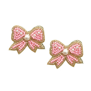 Pink Felt Back Pearl Seed Beaded Bow Earrings. perfect for the festive season, embrace the occasion spirit with these cute enamel Bow Earrings, these sweet delicate gift earrings are sure to bring a smile to your face. Surprise your loved ones on beautiful occasion. Great gift idea for Wife, Mom, or your Loving One.