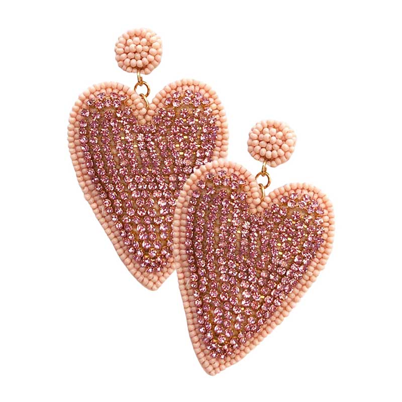 Pink Felt Back Rhinestone Seed Beaded Heart Dangle Earrings, These gorgeous Rhinestone pieces will show your class on any special occasion. Take your love for accessorizing to a new level of affection with these seed-beaded heart-dangle earrings. Wear these lovely earrings to make you stand out from the crowd & show your trendy choice this valentine.