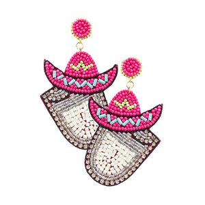 Pink Felt Back Seed Beaded Cowboy Hat Accented Dangle Earrings, Seed Beaded Accented Dangle earrings fun handcrafted jewelry that fits your lifestyle, adding a pop of pretty color. Enhance your attire with these vibrant artisanal earrings to show off your fun trendsetting style. Great gift idea for Wife, Mom, or your Loving One.