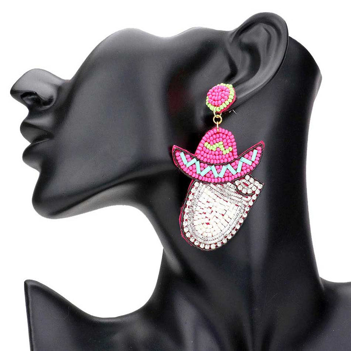 Pink Felt Back Seed Beaded Cowboy Hat Accented Dangle Earrings, Seed Beaded Accented Dangle earrings fun handcrafted jewelry that fits your lifestyle, adding a pop of pretty color. Enhance your attire with these vibrant artisanal earrings to show off your fun trendsetting style. Great gift idea for Wife, Mom, or your Loving One.