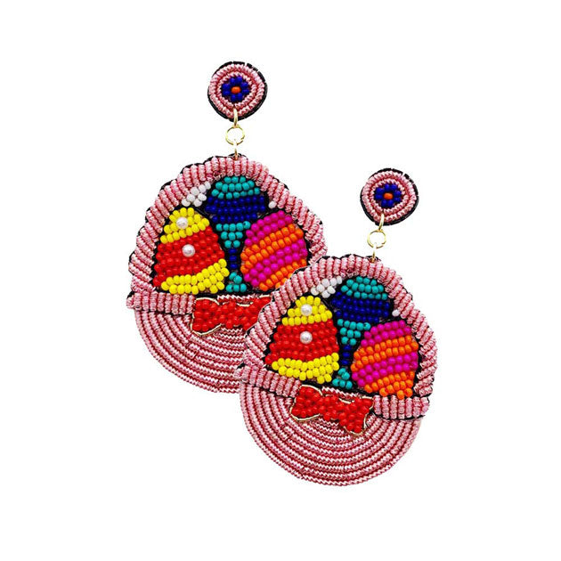 Pink Felt Back Seed Beaded Easter Egg Basket Dangle Earrings, Seed Beaded Egg Basket Dangle earrings fun handcrafted jewellery that fits your lifestyle, adding a pop of pretty color. perfect for the festive season, embrace the Easter spirit with these cute earrings. Also enhance your attire with these vibrant artisan earrings to show off your fun trendsetting style. Great gift idea for your Loving One on this Easter Sunday occasion.