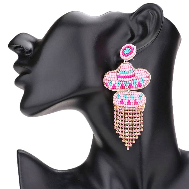 Pink Felt Back Seed Beaded Hat Rhinestone Fringe Dangle Earrings, get ready with this seed-beaded rhinestone earring to receive the best compliments on any special occasion. These classy fringe dangle earrings are perfect for Weddings, and Evenings. Awesome gift for birthdays, Valentine‚Äö√Ñ√¥s Day, or any special occasion.