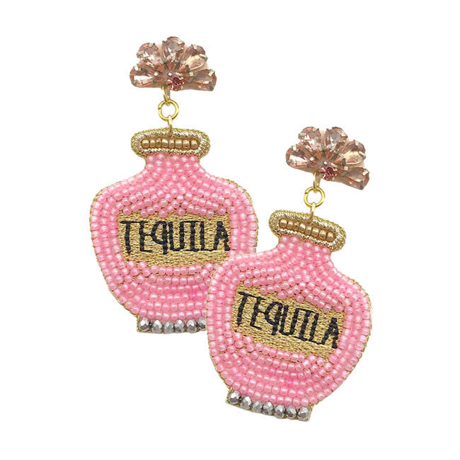 Pink Felt Back Seed Beaded Tequila Dangle Earrings. These fashionable trendy tequila bottle earrings  are suitable for every girl!  Beautifully crafted earrings that dangle on your earlobes with a perfect glow to make you stand out and show your unique and beautiful look everywhere, every time. Put on a pop of color to complete your ensemble in a gorgeous way. 
