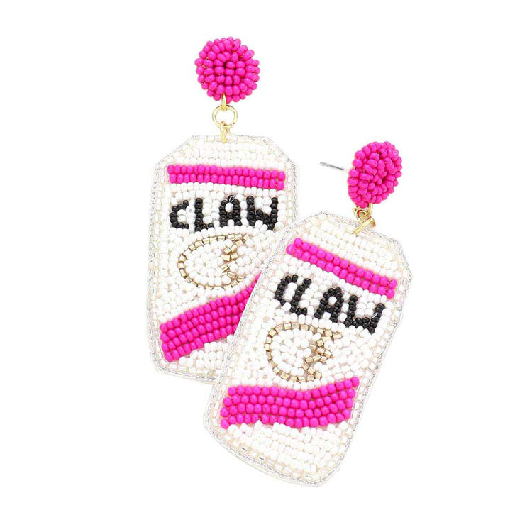 Pink Felt Back Seed Beaded White Claw Can Dangle Earrings. Look like the ultimate fashionista with these Earrings! Add something special to your outfit this Valentine! special It will be your new favorite accessory. Perfect Birthday Gift, Anniversary Gift, Mother's Day Gift, Graduation Gift, Valentine's Day Gift.