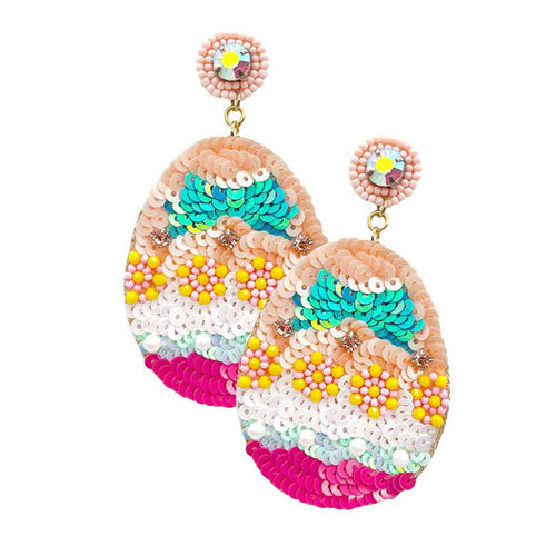Felt Back Sequin Easter Egg Dangle Earrings - Pink