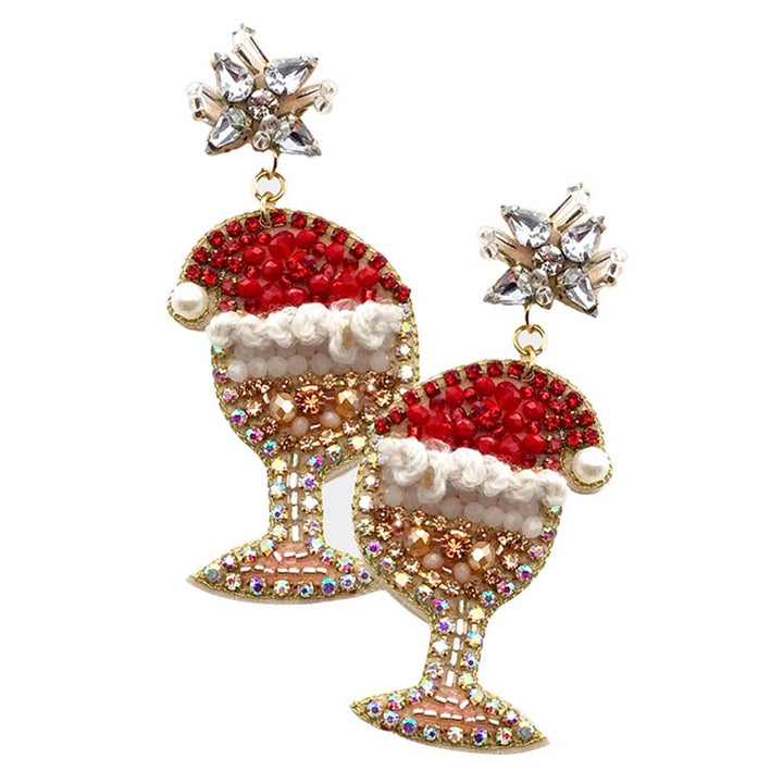 Pink Felt Back Stone Beaded Christmas Santa Hat Champagne Dangle Earrings, Get ready with these Christmas Santa Hat Champagne dangle earrings with any outfit! These earrings are handcrafted jewelry that fits your lifestyle, adding a pop of pretty color. Enhance your attire with these vibrant artisanal earrings to show off your fun trendsetting style. Suitable for Bachelorette Party, fun night Out, Birthday Party or any events. 