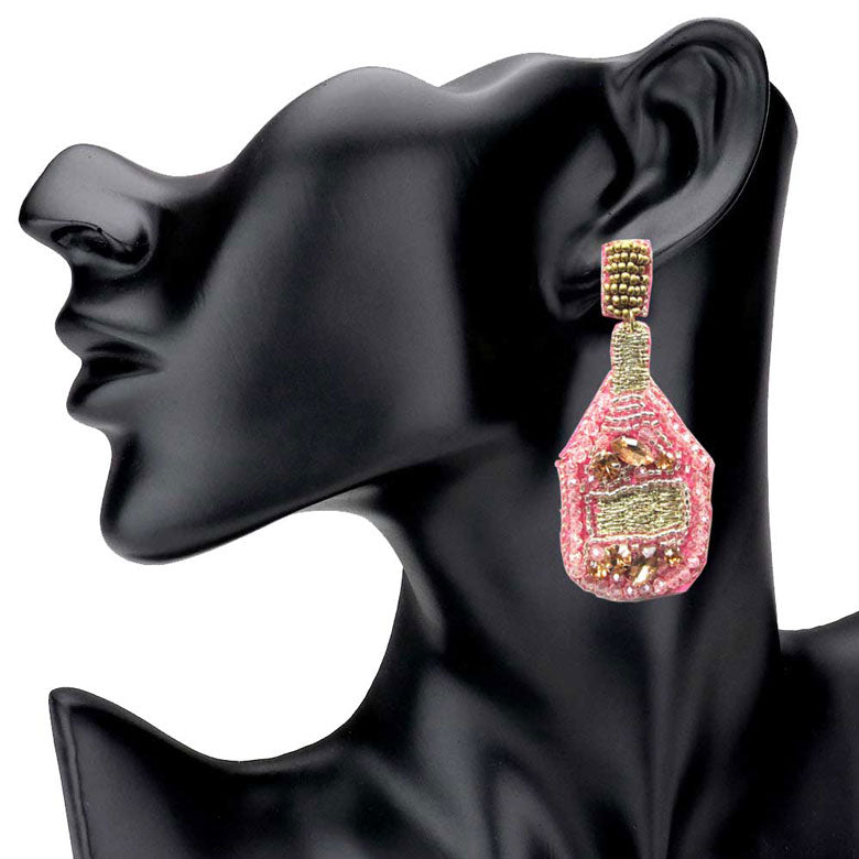 Pink Felt Back Stone Multi Beaded Champagne Dangle Earrings. Felt back beaded earrings fun handcrafted jewellery that fits your lifestyle, adding a pop of pretty color. Enhance your attire with these vibrant artisan earrings to show off your fun trendsetting style. Great gift idea for Wife, Mom, or your Loving One.