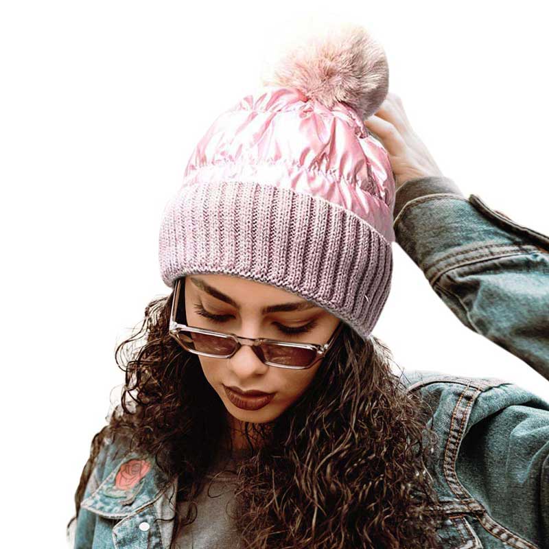 Pink Fleece Lining Puffer Knit Pom Pom Beanie Hat, Whether you're dressing up or dressing down, you'll look effortlessly stylish in this Knitted pom pom beanie. It provides warmth to your head and ears. Puffer Outer material creates a Shiny and Metallic outlook. Daily wear and holiday also match. Perfect gift idea too!