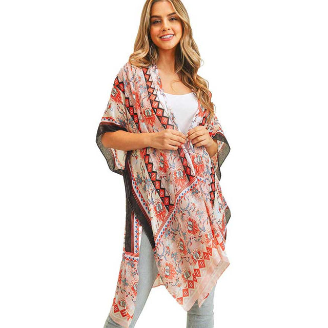 Pink Flower Patterned Cover Up Kimono Poncho. Lightweight and soft brushed fabric exterior fabric that make you feel more warm and comfortable. Cute and trendy Poncho for women. Great for dating, hanging out, daily wear, vacation, travel, shopping, holiday attire, office, work, outwear, fall, spring or early winter. Perfect Gift for Wife, Mom, Birthday, Holiday, Anniversary, Fun Night Out.