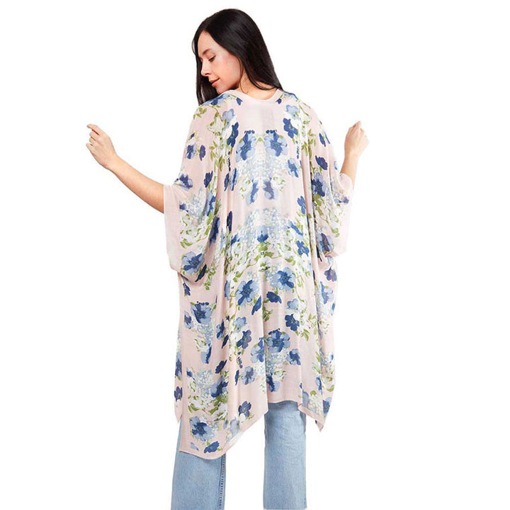 Pink Flower Print Kimono Poncho, The lightweight Poncho top is made of soft and breathable Viscose material. short sleeve swimsuit cover up with open front design, simple basic style, easy to put on and down. Perfect Gift for Wife, Mom, Birthday, Holiday, Anniversary, Fun Night Out.