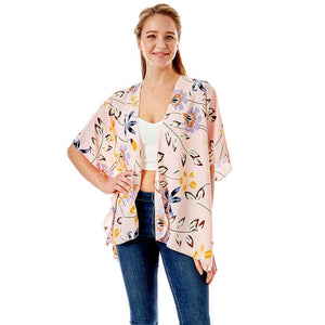 Pink Flower Printed Cover Up Kimono Poncho. Lightweight and soft brushed fabric exterior fabric that make you feel more warm and comfortable. Cute and trendy poncho for women. Great for dating, hanging out, daily wear, vacation, travel, shopping, holiday attire, office, work, outwear, fall, spring or early winter. Perfect Gift for Wife, Mom, Birthday, Holiday, Anniversary, Fun Night Out.
