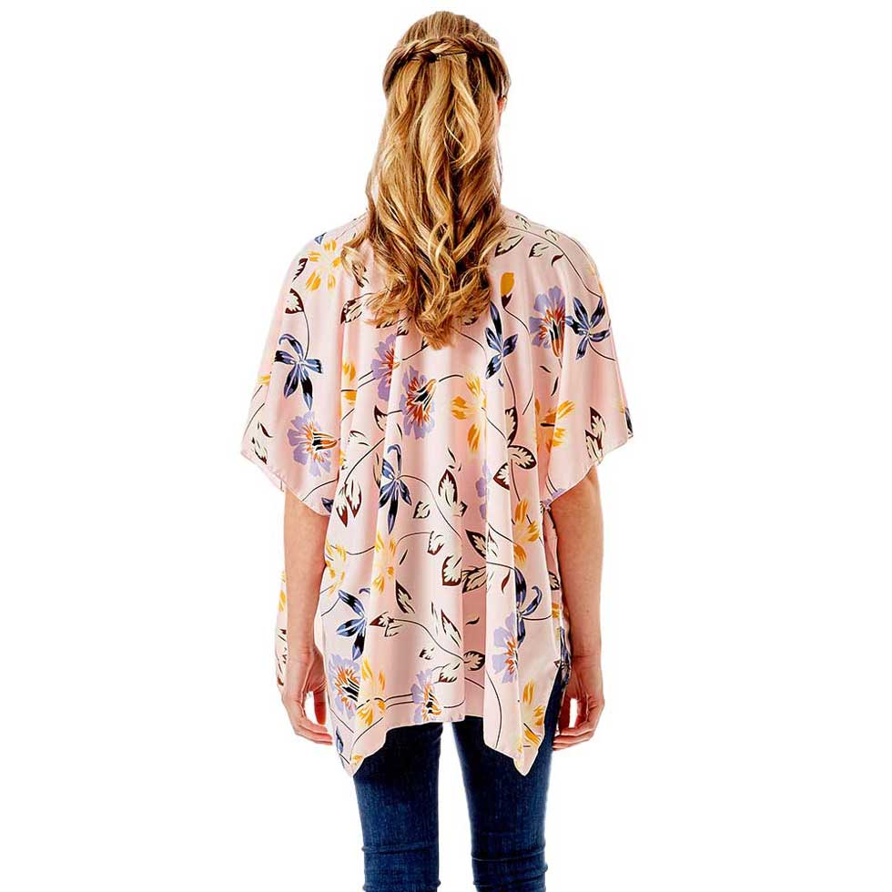 Pink Flower Printed Cover Up Kimono Poncho. Lightweight and soft brushed fabric exterior fabric that make you feel more warm and comfortable. Cute and trendy poncho for women. Great for dating, hanging out, daily wear, vacation, travel, shopping, holiday attire, office, work, outwear, fall, spring or early winter. Perfect Gift for Wife, Mom, Birthday, Holiday, Anniversary, Fun Night Out.