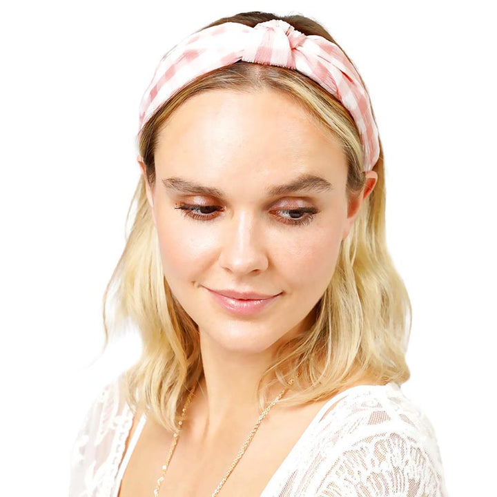 Pink Gingham Check Patterned Burnout Knot Headband, create a natural & beautiful look while perfectly matching your color with the easy-to-use check patterned knot headband. Push your hair back and spice up any plain outfit with this knot check-patterned headband! Be the ultimate trendsetter & be prepared to receive compliments wearing this chic headband with all your stylish outfits!