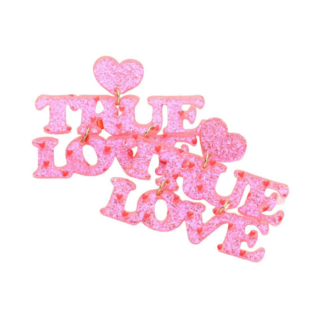 Pink Glittered Heart TRUE LOVE Message Link Dangle Earrings, take your love for statement accessorizing to a new level of affection with these heart TRUE LOVE Message dangle earrings.  Accent all of your dresses with the extra fun vibrant color with these heart-dangle earrings. Wear these gorgeous earrings to make you stand out from the crowd & show your trendy choice this valentine's.