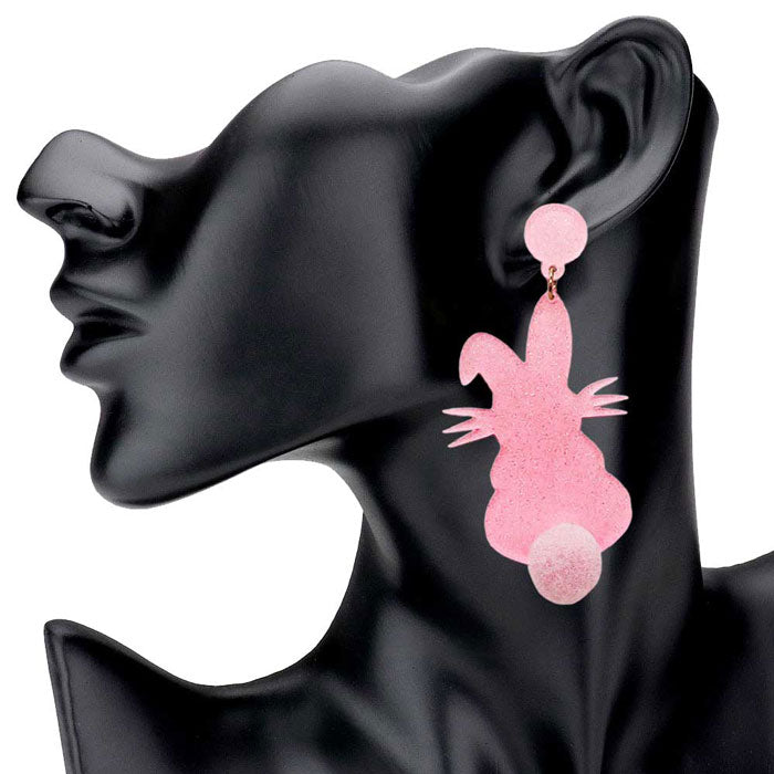 Pink Glittered Resin Easter Bunny Pom Pom Tail Dangle Earrings, perfect for the festive season, embrace the Easter spirit with these cute pom pom tail earrings, these adorable dainty gift earrings are bound to cause a smile or two. Surprise your loved ones on this Easter Sunday occasion, great gift idea for Wife, Mom, or your Loving One.