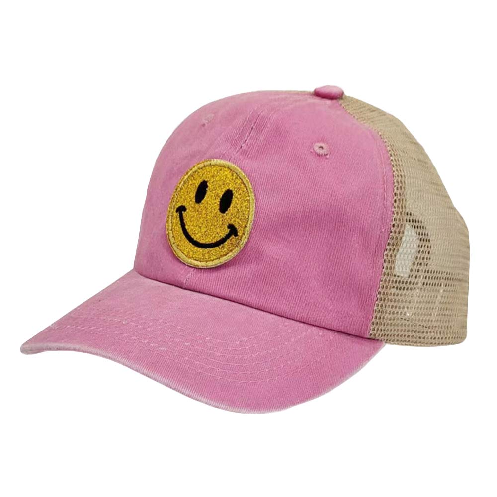 Pink Glittered Smile Patch Mesh Back Baseball Cap, features an embroidered smile face patch on the front, bringing a smile to everyone you pass by and showing your kindness to others. The pre-curved brim of the smile mesh baseball cap helps shield sunlight, keeping your face from harmful ultraviolet rays and preventing sunburn in summer. This beautiful baseball cap is comfortable to wear for a long time in hot weather. Glittered smile patch baseball cap is great for outdoor activities or indoor wear.