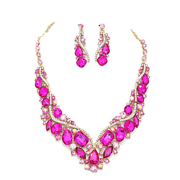 Pink Crystal Inset Necklace matching Earrings Evening Set, dare to dazzle with this bejeweled set designed to accent the neckline and enhance the eyes. Perfect for that LBD, add some glitz and Glamour. Ideal gift for a loved one or yourself. Perfect for a night out, holiday party, special event, wedding, prom, sweet 16