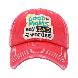 Pink Good Mom Say Bad Words Message Vintage Baseball Cap, is a fun, cool & mother message-themed cap that gives you a different yet beautiful look to amp up your confidence. Perfect for walks in sun, great for a bad hair day. The message to mom and the different color variations with faded design gives it an awesome vintage look and makes you stand out. A soft textured, embroidered message with a fun statement that will become your favorite cap.