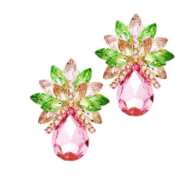 Pink Green Gold Glass Crystal Petal Teardrop Clip On Earrings. Beautifully crafted design adds a gorgeous glow to any outfit. Jewelry that fits your lifestyle! Perfect Birthday Gift, Anniversary Gift, Mother's Day Gift, Anniversary Gift, Graduation Gift, Prom Jewelry, Just Because Gift, Thank you Gift.