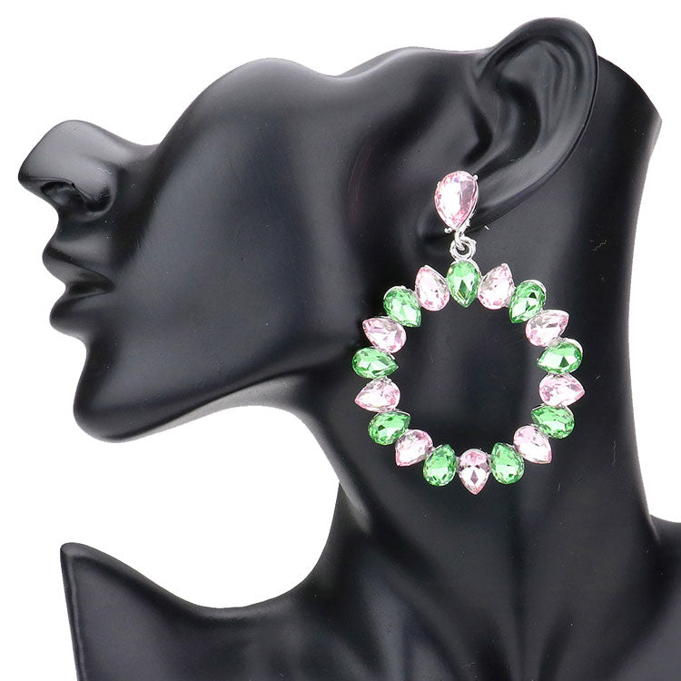 Pink Green Teardrop Stone Cluster Open Circle Dangle Evening Earrings. Beautifully crafted design adds a gorgeous glow to any outfit. Jewelry that fits your lifestyle! Perfect Birthday Gift, Anniversary Gift, Mother's Day Gift, Anniversary Gift, Graduation Gift, Prom Jewelry, Just Because Gift, Thank you Gift.