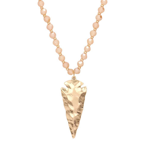 Hammered Metal Arrow Pendant Faceted Beads Long Necklace - Pink