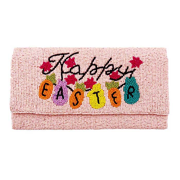 Pink Happy Easter Message Bunny Seed Beaded Clutch Crossbody Bag, Be the ultimate fashionista carrying this trendy Bunny Seed Beaded clutch bag! great for when you need something small to carry or drop in your bag. perfect for the festive season, embrace the Easter spirit with these bunny seed beaded bag, these pretty tiny gift Crossbody Bags are sure to bring a smile to your face.