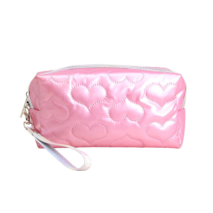 Pink Heart Patterned Shiny Puffer Pouch Bag, Small Colorful Heart Patterned Pouch Bag, perfect for money, credit cards, keys or coins, comes with a wristlet for easy carrying, light and simple. Put it in your bag and find it quickly with it's bright colors. Great for running small errands while keeping your hands free. 