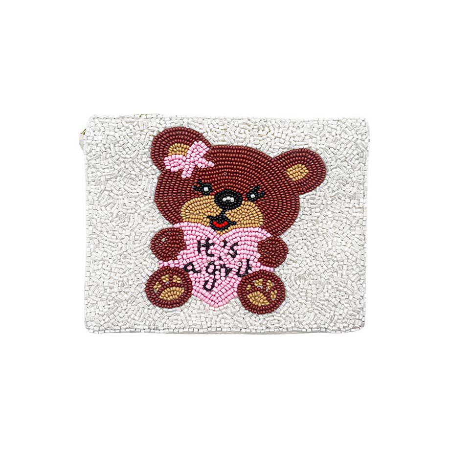 Pink It's a Girl! Message Bear Seed Beaded Mini Pouch Bag,  perfectly goes with any outfit and shows your trendy choice to make you stand out on your special occasion. Carry out this message-themed mini pouch bag while attending a special occasion. Perfect for carrying makeup, money, credit cards, keys or coins, etc. It's lightweight and perfect for easy carrying.