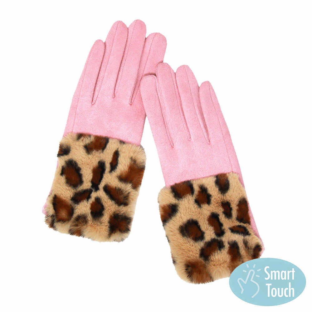 Pink Leopard Patterned Faux Fur Cuff Accented Soft Suede Smart Gloves, gives your look so much eye-catching texture w cool design, a cozy feel, fashionable, attractive, cute looking in winter season, these warm accessories allow you to use your phones. Perfect Birthday Gift, Valentine's Day Gift, Anniversary Gift.