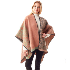 Pink Leopard Patterned Stitch Ruana Poncho, the perfect accessory, luxurious, trendy, super soft chic capelet, keeps you warm and toasty. You can throw it on over so many pieces elevating any casual outfit! Perfect Gift for Wife, Mom, Birthday, Holiday, Christmas, Anniversary, Fun Night Out
