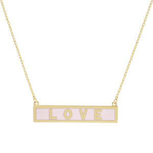 Pink Love Gold Dipped Enamel Rectangle Message Pendant Necklace. Beautifully crafted design adds a gorgeous glow to any outfit. Jewelry that fits your lifestyle! Perfect Birthday Gift, Valentine's Gift, Anniversary Gift, Mother's Day Gift, Anniversary Gift, Graduation Gift, Prom Jewelry, Just Because Gift, Thank you Gift.